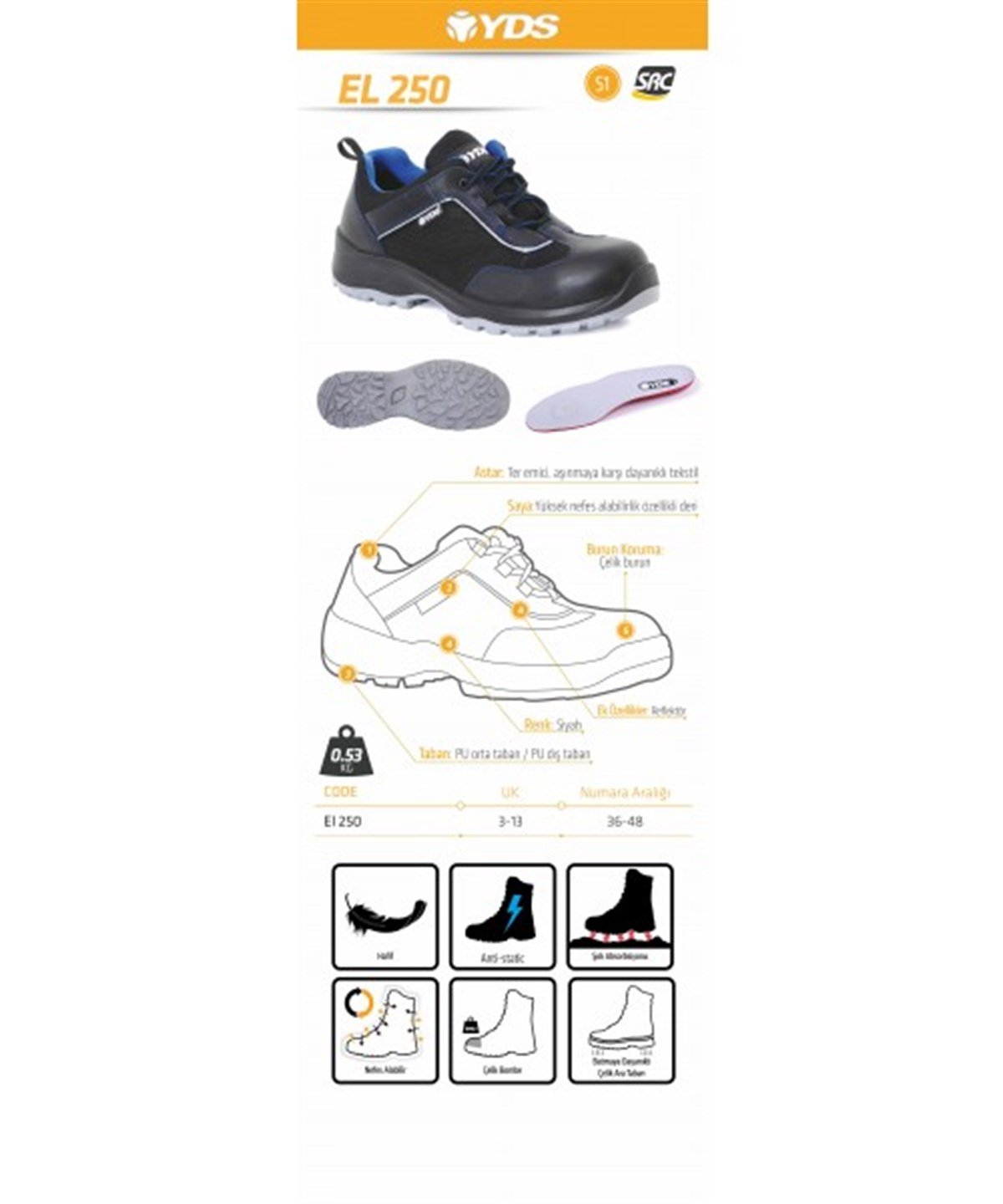 YDS El 250 S1 Steel Toe Black Shoes | Work Safety Shoes