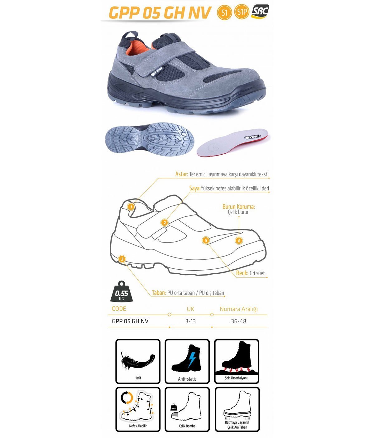 YDS GPP 05 GH NV Steel Toe Gray Safety Work Shoe | HSE Market