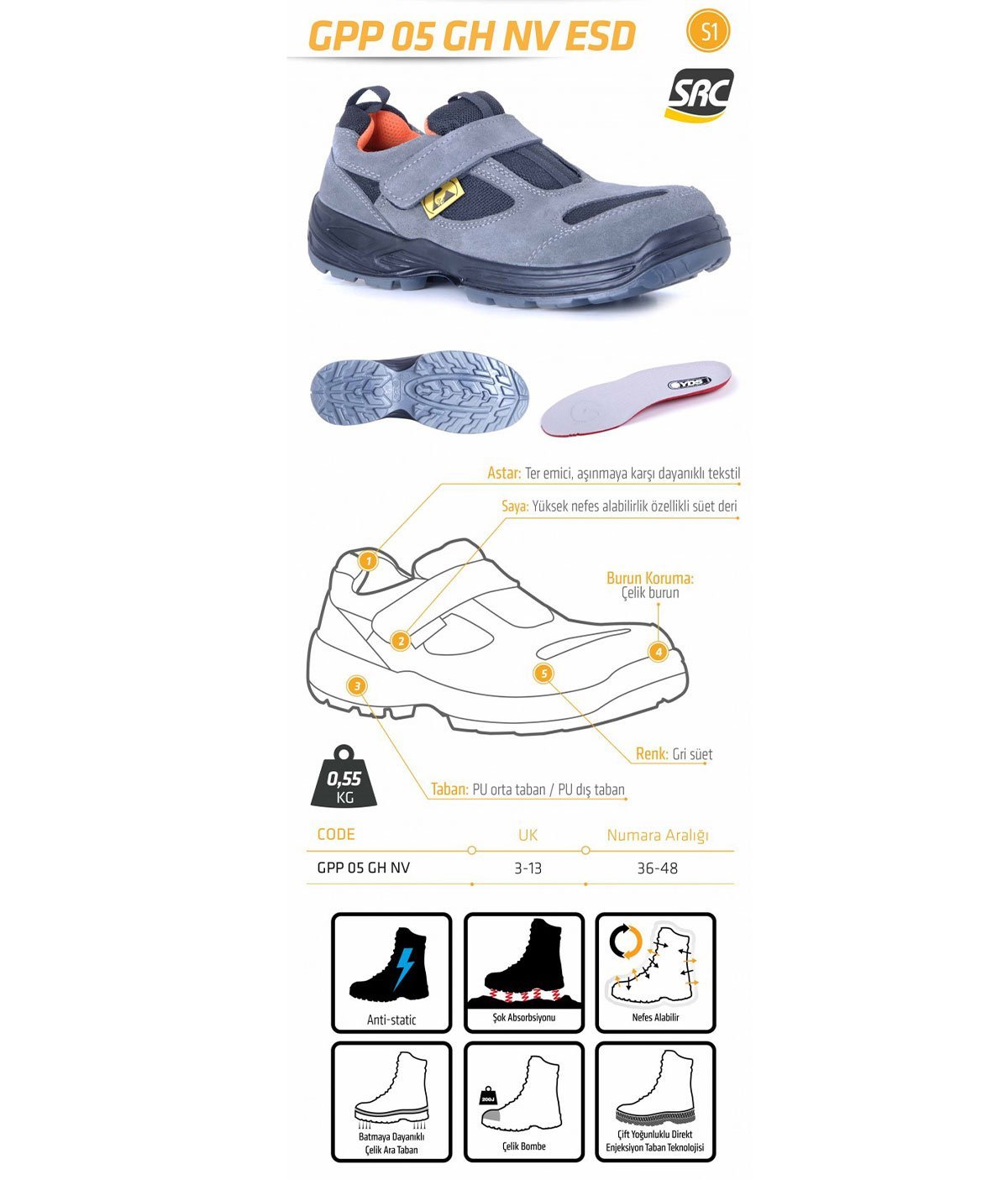 YDS GPP 05 GH NV ESD Steel Toe Safety Shoe Gray | HSE Market